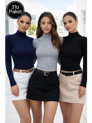 Rich Kadın Siyah Gri Lacivert 3'li Paket Yarım Balıkçı Yaka Uzun Kollu Crop Bluz