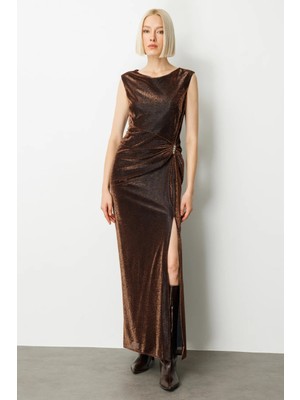 Ekol Kadın Parlak Kumaş Maxi Boy Abiye Elbise 5092 Bakır