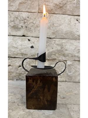 Tolga's Workshop Masif Ahşap & Metal Detaylı El Yapımı Masa Mumluğu – Tekli Şamdan (Ceviz Rengi)