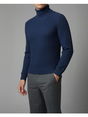 Italyan Stil Slim Fit Boğazlı Triko Erkek Kazak Lacivert T10608