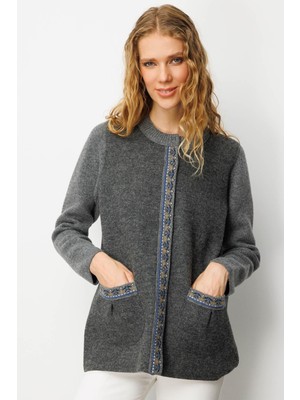 Desen Triko Kadın Sıfır Yaka Önü Keçe Kısa Yün Ceket 25018 Füme