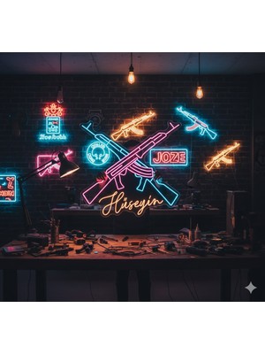 Neonled Çapraz Ak-47 Tüfek Neon LED Dekor (Isme Özel) 74X78CM