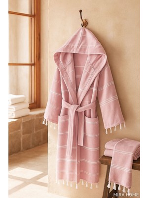 Mira Home Kapüşonlu Kadın / Erkek Peştemal Bornoz Soft %100 Pamuklu Natural
