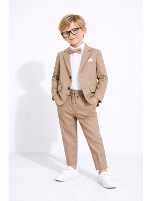 Cansın Mini Kahverengi Keten Ceket ve Pantolonlu Erkek Çocuk Papyonlu 4lü Takım Elbise  23523