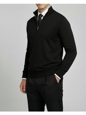 Italyan Stil Slim Fit Fermuarlı Polo Yaka Triko Kazak Siyah T14508