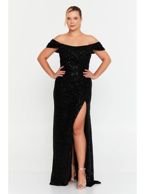 Şeref Vural Kadın Büyük Beden Pul Payet Düşük Omuz Maxi Abiye Elbise 8393 Siyah