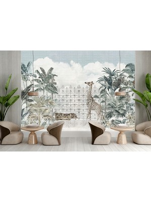 Arterior Wallpaper Bahçede Zürafa Maymun Poster Duvar Kağıdı