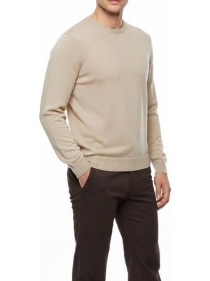 Italyan Stil Slim Fit Erkek Bisiklet Yaka Triko Kazak Bej T13127