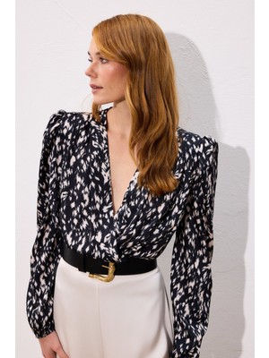 Sateen Kruvaze Bodysuit Bluz - Siyah