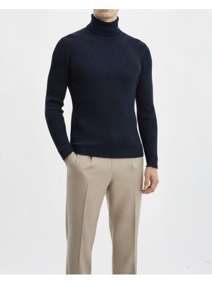 Italyan Stil Slim Fit Fitilli Boğazlı Triko Erkek Kazak Lacivert T10618