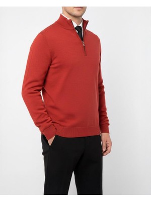 Italyan Stil Slim Fit Erkek Yarım Boğazlı Fermuarlı Triko Kazak Kırmızı T13108