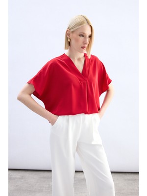 Sateen Geniş Kısa Kollu Bluz - Kırmızı