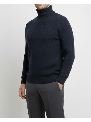 Italyan Stil Slim Fit Boğazlı Erkek Triko Kazak Lacivert T13006