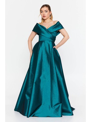 Şeref Vural Kadın Düşük Omuz Derin Yırtmaçlı Maxi Abiye Elbise 8363 Petrol