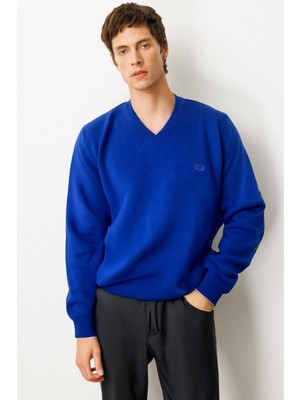 Desen Triko Erkek V Yaka Klasik Yün Kazak K.saks Mavi