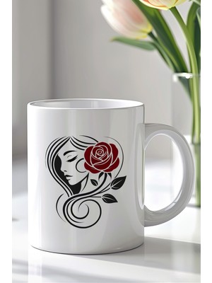 YasBey Design Gül ve Kadın Tasarımlı 330ML Baskılı Beyaz Seramik Kupa Bardak