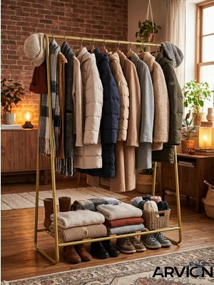 Arvion Home Metal Gold Elbise Askılığı ve Dayanıklı Raflı Giysi Standı-Kıyafet Organizeri