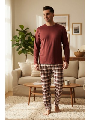 Dofi Erkek Bisiklet Yaka Ekose Bordo Pijama Takımı