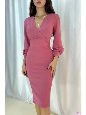 Tuna Kruvaze Yaka Midi Boy Kalem Elbise 58706 Gül Kurusu