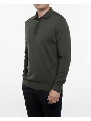 Italyan Stil Slim Fit Polo Yaka Triko Kazak Haki T14520