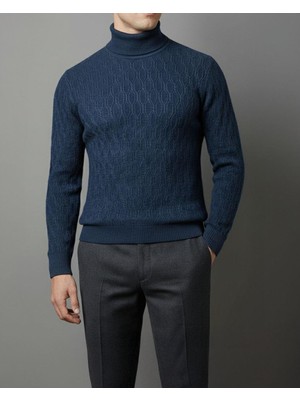 Italyan Stil Slim Fit Boğazlı Triko Erkek Kazak Lacivert T13253