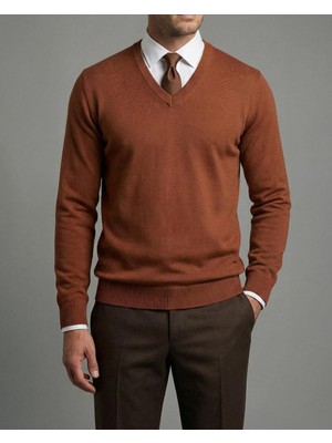 Italyan Stil Slim Fit Erkek V Yaka Triko Kazak Kiremit T13270