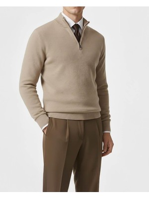 Italyan Stil Slim Fit Erkek Yarım Boğazlı Fermuarlı Triko Kazak Bej T14873