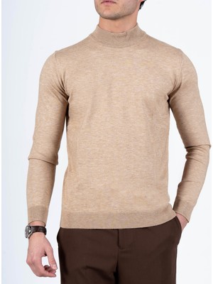 Italyan Stil Slim Fit Yarım Balıkçı Yaka Erkek Triko Kazak Camel T15091