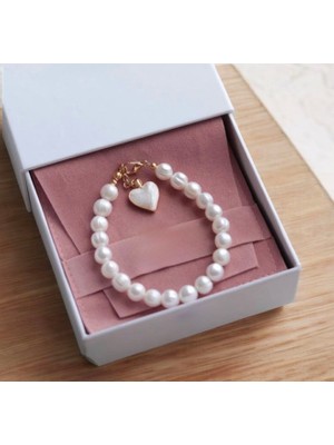 Taşmir Sertifikalı Gerçek Inci Bileklik 8 mm - Altın Kaplama Aparat - Çelik Kalp Charm