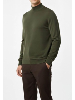 Italyan Stil Slim Fit Yarım Balıkçı Yaka Erkek Triko Kazak Haki T15089