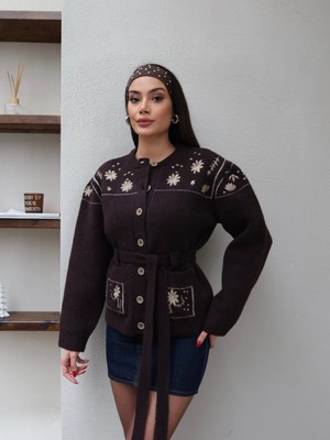 Esra Helvacı Çiçek Desen Kuşaklı Hırka