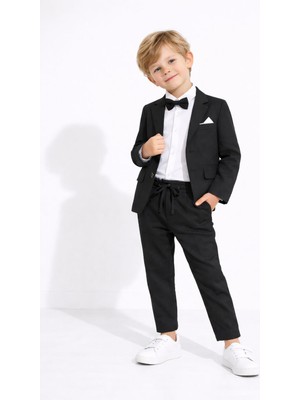 Cansın Mini Siyah Keten Ceket ve Pantolonlu Erkek Çocuk Papyonlu 4lü Takım Elbise  23521