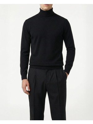 Italyan Stil Slim Fit Triko Balıkçı Yaka Boğazlı Kazak Siyah T13098