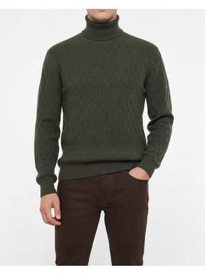 Italyan Stil Slim Fit Boğazlı Triko Erkek Kazak Haki T13254