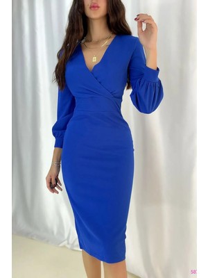 Saks Mavisi Kruvaze Yaka Kol Manşetli Midi Elbise