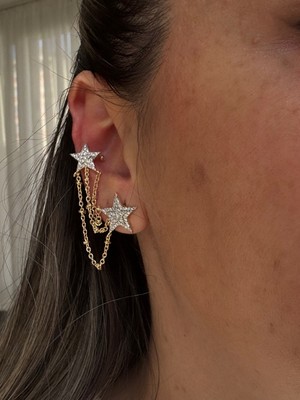 Zincir Sallantılı Yıldız Taşlı Küpe Earcuff