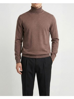 Italyan Stil Slim Fit Balıkçı Yaka Erkek Triko Kazak Kahverengi T15104