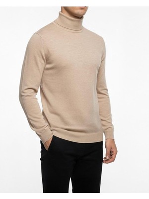 Italyan Stil Slim Fit Balıkçı Yaka Erkek Triko Kazak Bej T15101