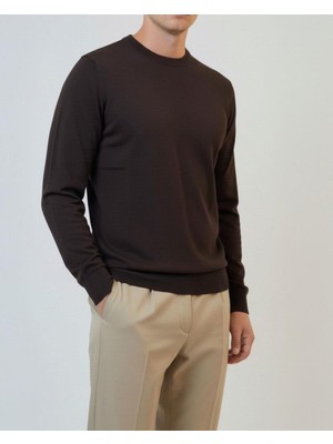 Italyan Stil Slim Fit Bisiklet Yaka Triko Kazak Kahverengi T14498