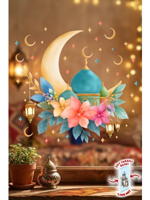 Msticker Ramazan Ayı Cam Sticker Seti | Çift Taraflı %100 Net | Ay, Cami ve Fener Desenli Pencere Süsü 29X30