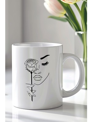 YasBey Design Minimal Gül ve Kadın Yüzü Desenli 330ML Baskılı Beyaz Seramik Kupa Bardak