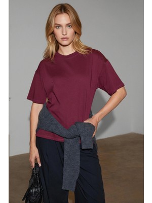 Softandbasic Kadın %100 Organik Pamuk Oversize Fit Basic Yuvarlak Yaka T-Shirt