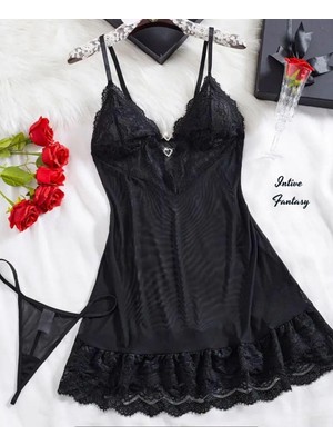 Intive Lingerie Intive Fantasy Göğsü ve Eteği Dantelli V Yaka Kalp Aksesuarlı Siyah Gecelik