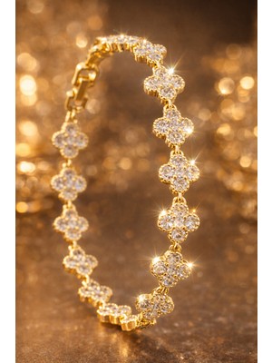 Stainless Steel Işıltılı Yonca Taşlı Altın Kaplama Çelik Bileklik