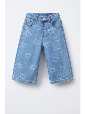 Monila Kız Çocuk Mavi Kalp Desenli Kot Pantolon