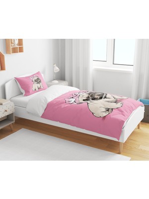 Sarel Pembe Buldog Baskılı 3D Tek Kişilik Nevresim