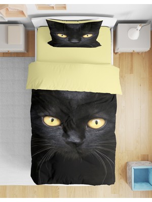 Sarel Siyah Kedi Baskılı 3D Tek Kişilik Nevresim