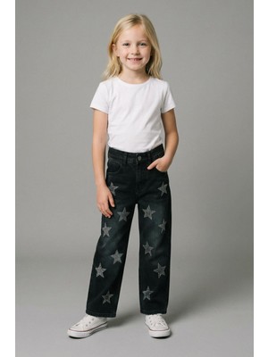 Monila Kız Çocuk Siyah Yıldız Desenli Kot Pantolon