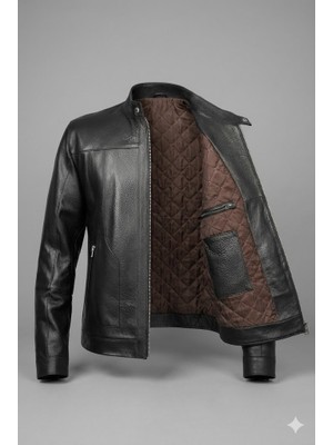 VERRA Erkek Siyah %100 Hakiki Deri Mont - Hakim Yaka Slim Fit Içi Kapitone Astarlı Ceket