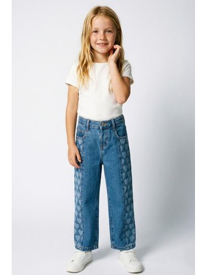 Monila Kız Çocuk Mavi Kalp Desenli Kot Pantolon